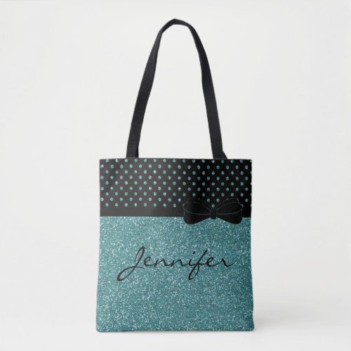 Unique Aqua Glitter Black Polka Dots Personalized Tote Bag