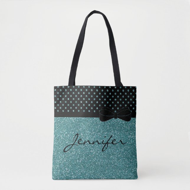Unique Aqua Glitter Black Polka Dots Personalized Tote Bag (Front)