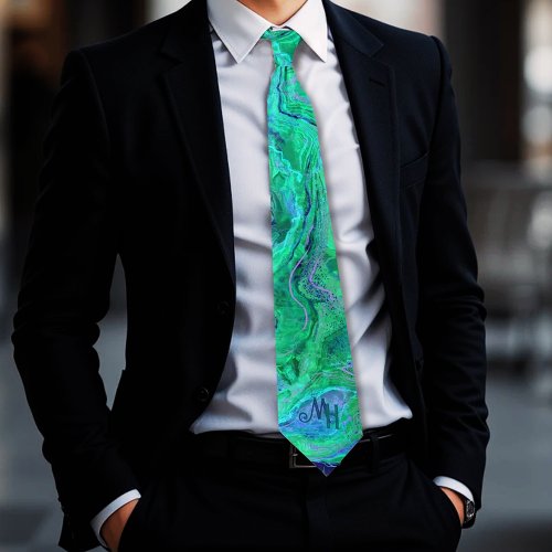 Unique Aqua Green Blue Monogram Neck Tie