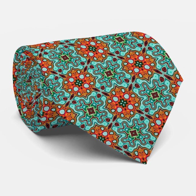 Unique Aqua Green Turquoise Blue Orange Red Tribal Neck Tie (Rolled)