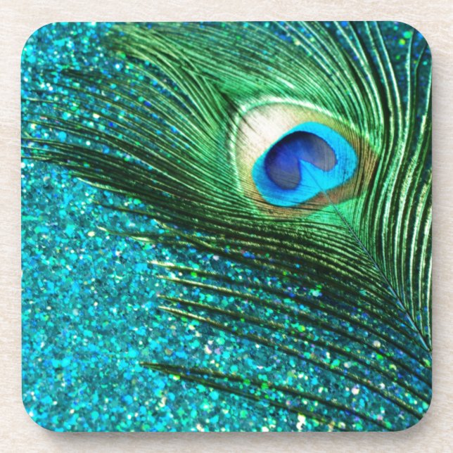 Unique Aqua Peacock Beverage Coaster (Front)