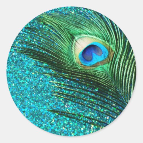 Unique Aqua Peacock Classic Round Sticker