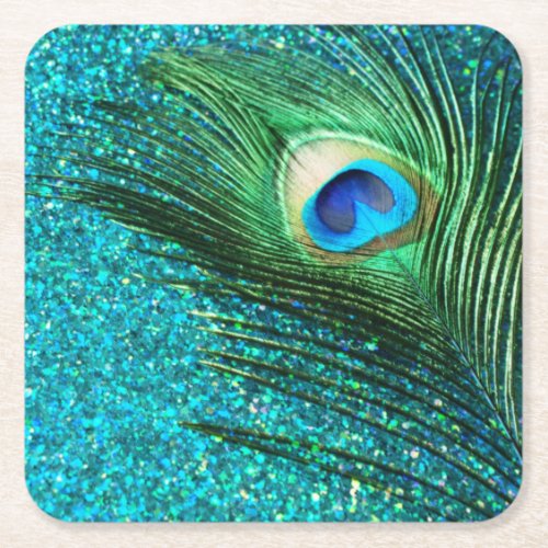 Unique Aqua Peacock Square Paper Coaster