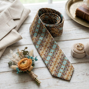 Unique Aqua Turquoise Orange Brown Tribal Art Neck Tie