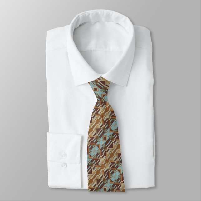 Unique Aqua Turquoise Orange Brown Tribal Art Neck Tie (Tied)