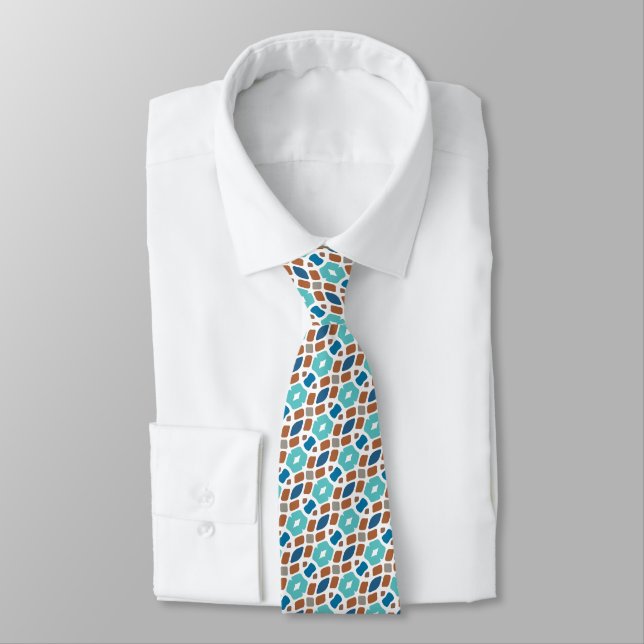 Unique Aqua Turquoise Teal Blue Gray Brown Tribal Neck Tie (Tied)