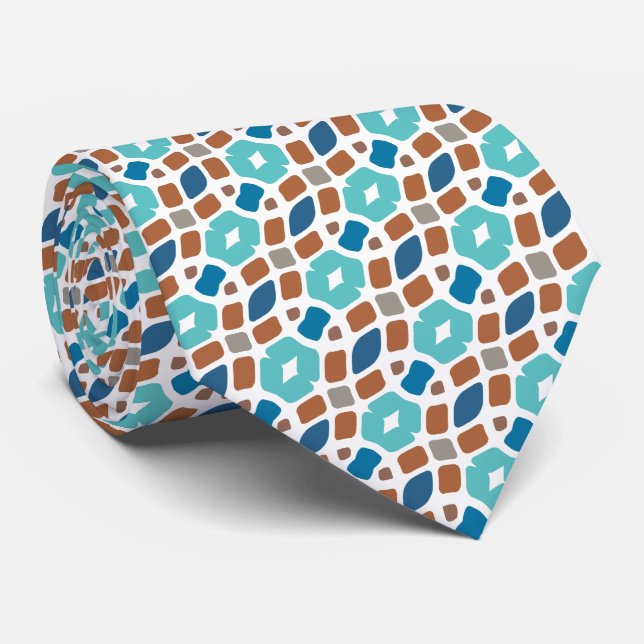 Unique Aqua Turquoise Teal Blue Gray Brown Tribal Neck Tie (Rolled)