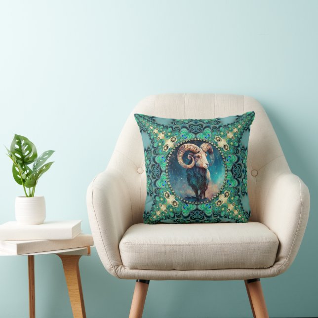 Unique Aries Zodiac Green Blue Peacock & Fractals Throw Pillow (Chair)