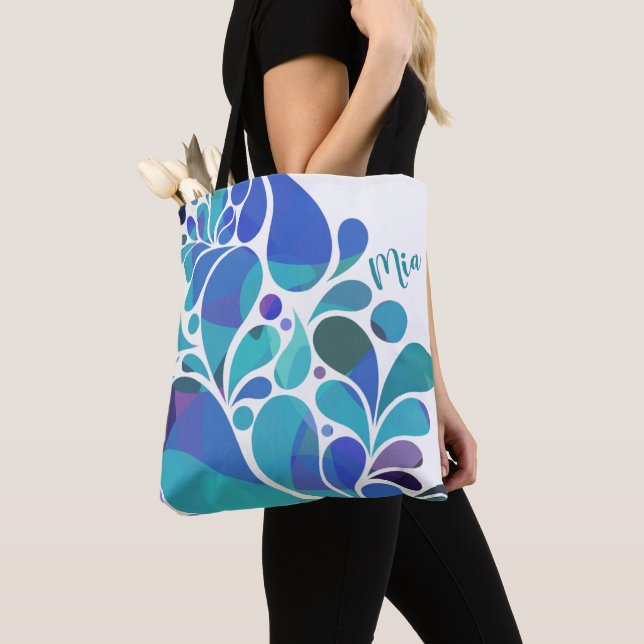 Unique  Artsy Aqua Blue, Purple Watercolor Pattern Tote Bag (Close Up)