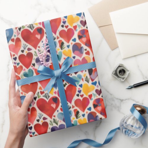 Unique Artsy Color Love Hearts Watercolor Pattern Wrapping Paper