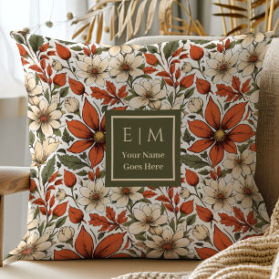 Unique Autumn Flowers Pastel Sage Olive Rusty Throw Pillow