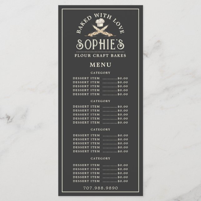 Unique Baker's Logo Bakery Pastry Chef Black Menu (Front)