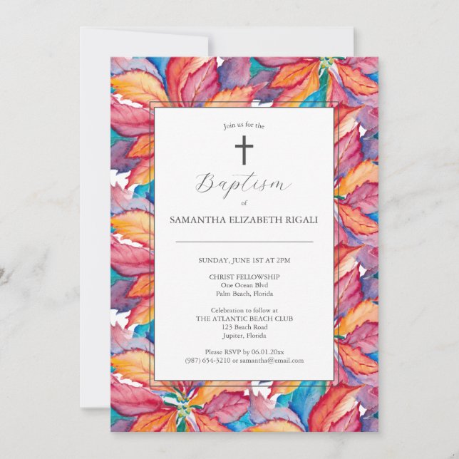 Unique Baptism Invitations Colorful Poinsettia (Front)