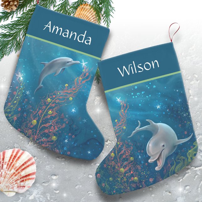Unique Beach Themed Magical Dolphin Name Small Christmas Stocking (Add your personalized name to these unique Dolphin Christmas Stockings.)