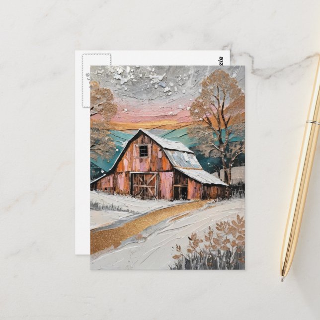 Unique Beautiful Winter Barn Painting Postcard (Front/Back In Situ)