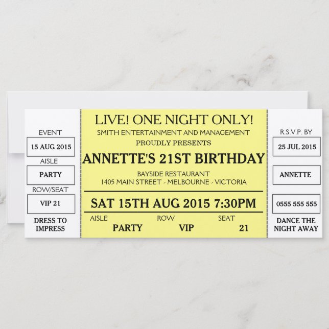 Unique Birthday Invitation (Concert Ticket Styled) (Front)
