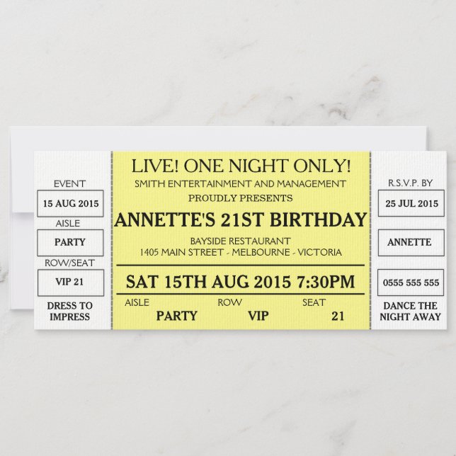 Unique Birthday Invitation (Concert Ticket Styled) (Front)