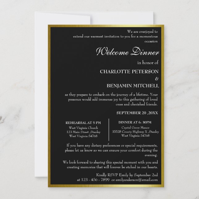 Unique Black and Gold Rehearsal Dinner  Invitation (Front)