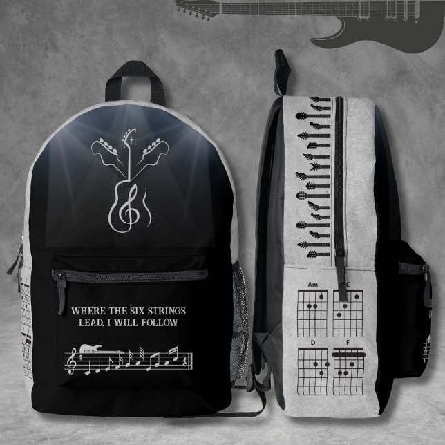 Unique Black and Gray Rock Guitar Treble Clef Printed Backpack (Unique electric guitar design black & gray bag for the rockstar music lover)