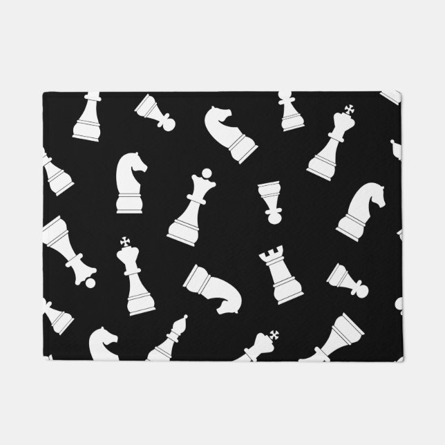 Unique Black and White Chess Piece Pattern Doormat (Front)