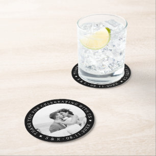 Unique Black and White Custom Wedding Photo Round Paper Coaster