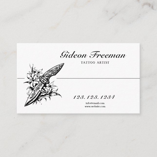 Unique Black and White Knife Rose Tattoo Artist Business Card (Front)