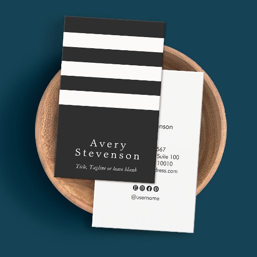 Customizable Cool Black and White Striped Modern Vertical Black Business Card