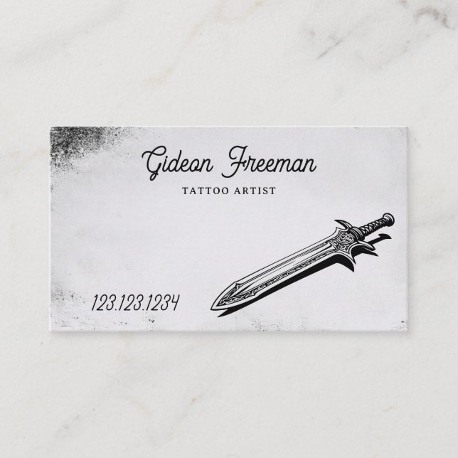Unique Black and White Sword Tattoo Artist Business Card (Front)