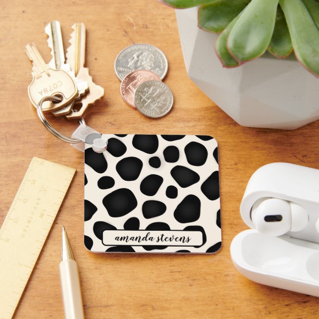 Unique Black & Beige Spots Pattern Name Typography Keychain (Desk)