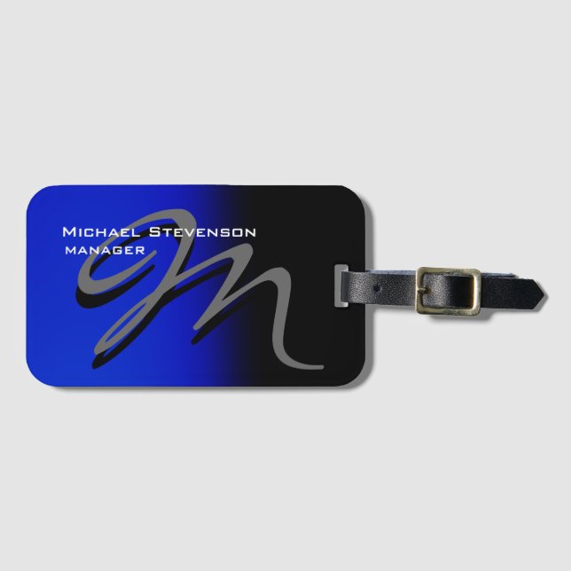Unique Black Blue Monogram Luggage Tag (Front Horizontal)