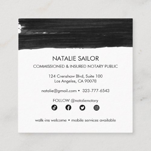 Unique Black Brushstrokes Minimal Modern Notary Square Business Card