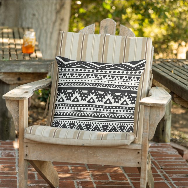 Unique Black Cream Ivory Zigzag Stripes Tribal Art Outdoor Pillow (Chair)