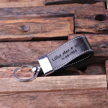 Unique Black Engraved Faux Leather Keychain by tealsprairie at Zazzle