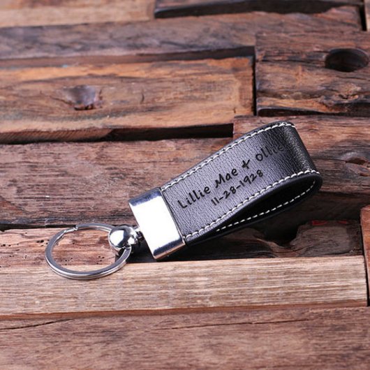 Unique Black Engraved Faux Leather Keychain (Top)
