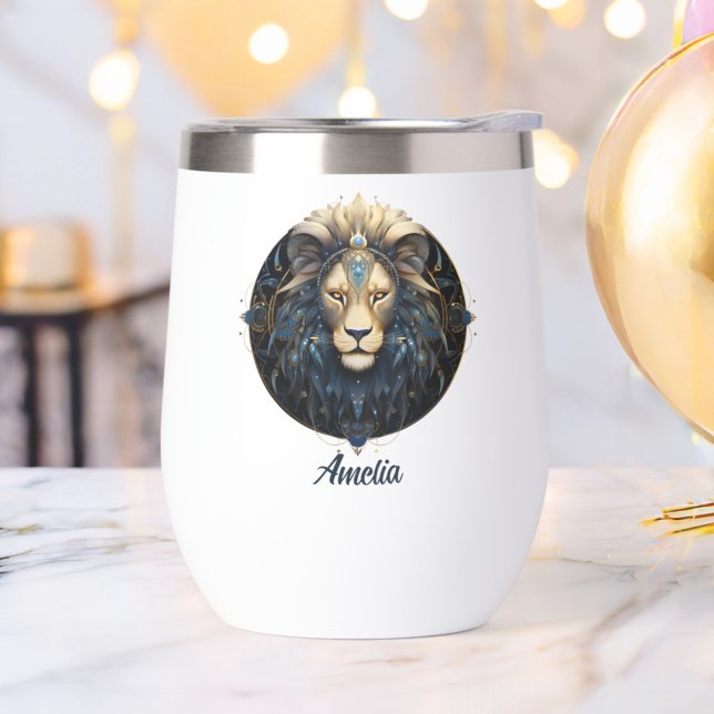 Unique Black Gold Cosmic Lion Star Sign Symbol Leo Thermal Wine Tumbler (Creator Uploaded)