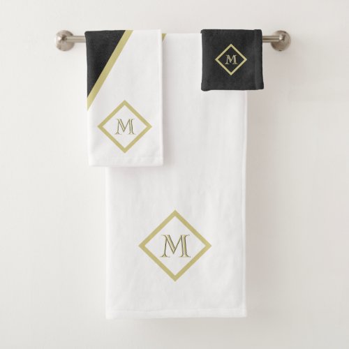 Unique Black Leather Look White Custom Monogram  Bath Towel Set