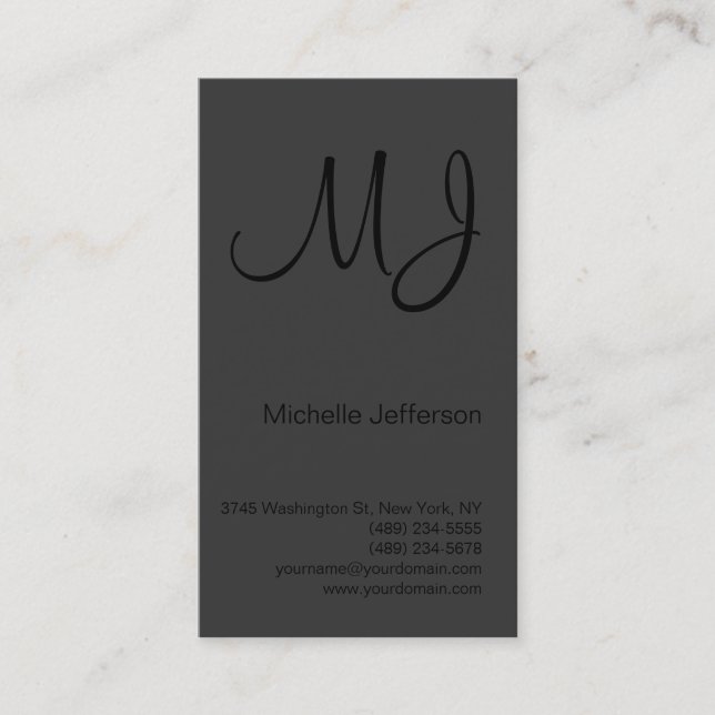 Unique Black Monogram Grey Vertical Business Card (Front)