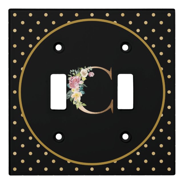 Unique Black w/ Gold Polka Dots Floral Monogram C Light Switch Cover (Front)
