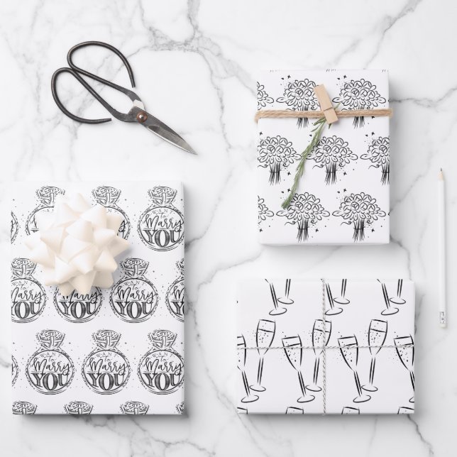 Unique Black & White Bridal | Wedding Shower Wrapping Paper Sheets (Front)