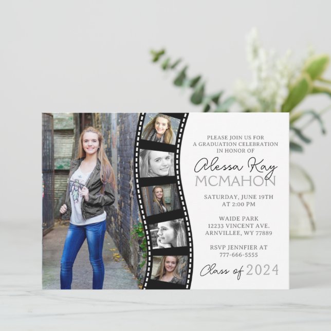 Unique Black & White Filmstrip 6 Photo Graduation Invitation (Standing Front)