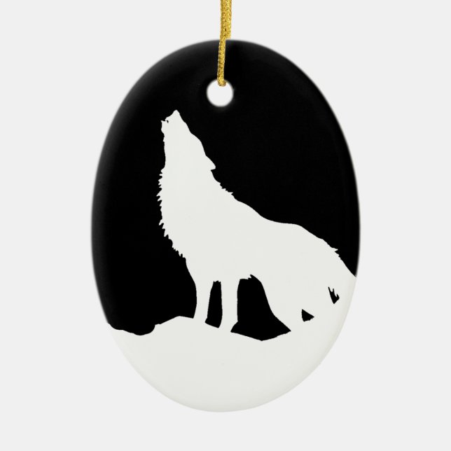 Unique Black & White Pop Art Wolf Silhouette Ceramic Ornament (Front)