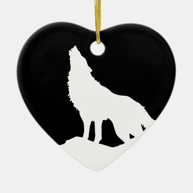 Unique Black & White Pop Art Wolf Silhouette Ceramic Ornament (Front)