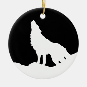 Unique Black & White Pop Art Wolf Silhouette Ceramic Ornament