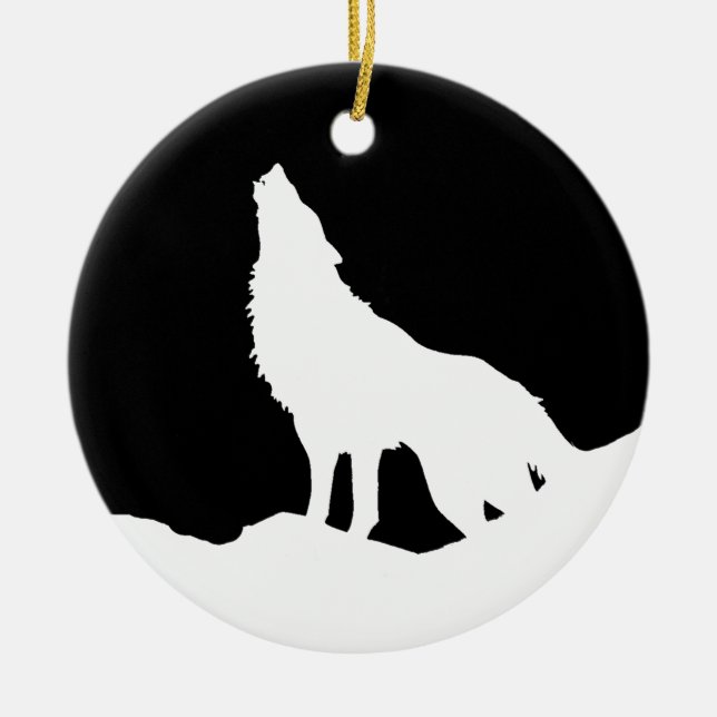 Unique Black & White Pop Art Wolf Silhouette Ceramic Ornament (Front)