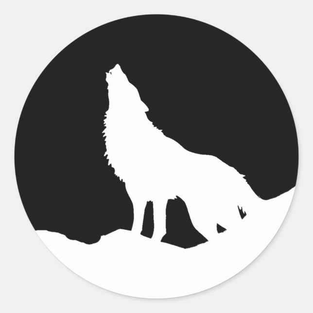 Unique Black & White Pop Art Wolf Silhouette Classic Round Sticker (Front)