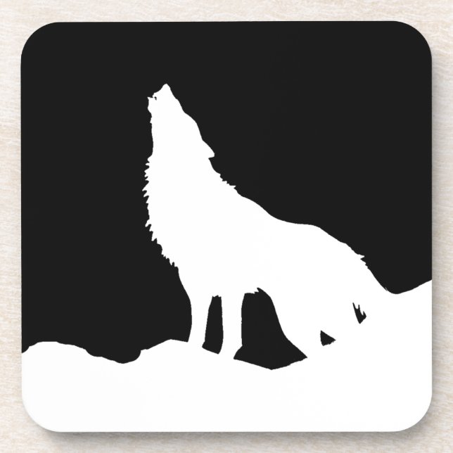 Unique Black & White Pop Art Wolf Silhouette Drink Coaster (Front)