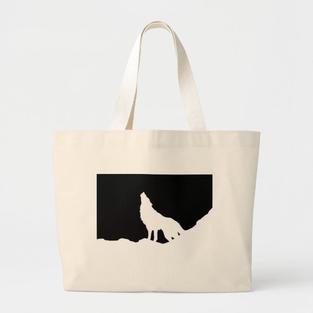 Unique Black & White Pop Art Wolf Silhouette Large Tote Bag (Front)
