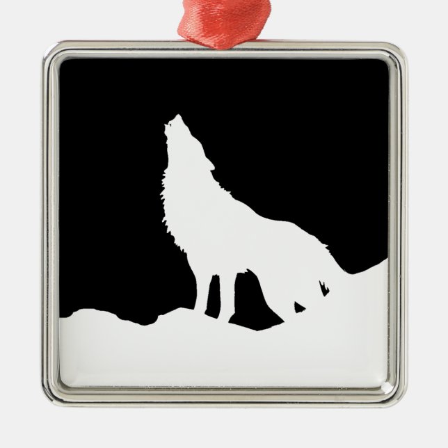 Unique Black & White Pop Art Wolf Silhouette Metal Ornament (Front)
