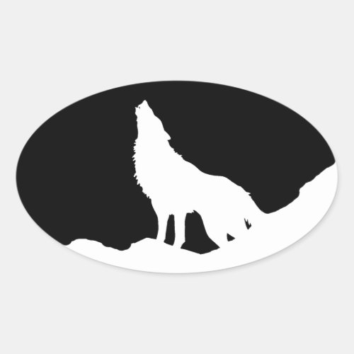 Unique Black  White Pop Art Wolf Silhouette Oval Sticker