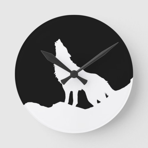 Unique Black  White Pop Art Wolf Silhouette Round Clock